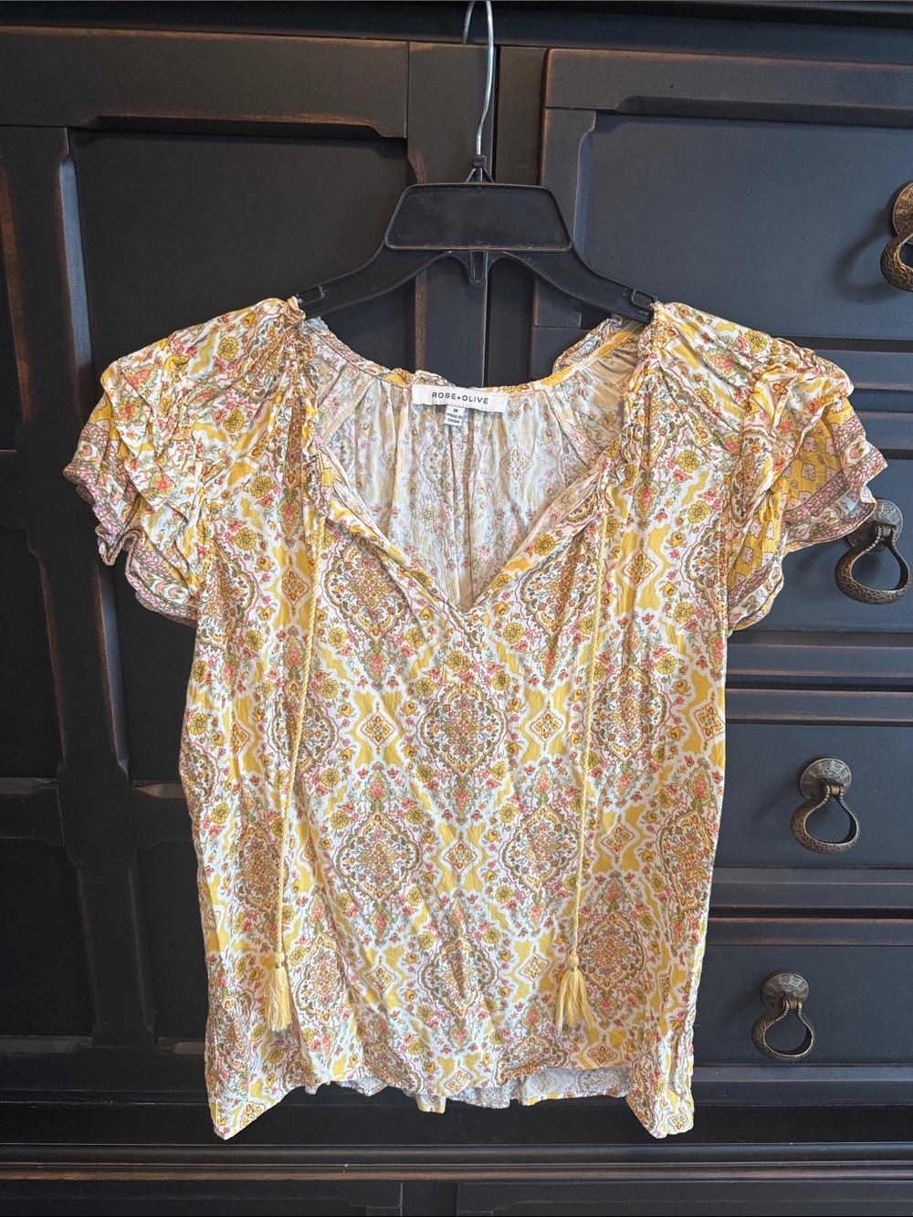 Rose & Olive Yellow Paisley Tassel V-Neck Flutter Top
